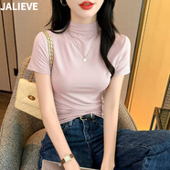 嘉麗薇短袖女夏季皮粉色t恤新款小個子冰絲短袖顯瘦高級感半高領(lǐng)上衣 卡其色 M ( 90-102斤 )