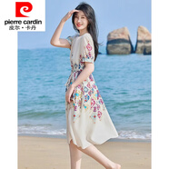 皮爾卡丹（pierre cardin）時尚印花連衣裙2024春秋新款休閑圓領系帶優(yōu)雅氣質仿質感碎花裙子 米白色 S 【建議95斤內 高品質】