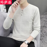 瑪薩洛長(zhǎng)袖t恤男士V領(lǐng)2023春秋季新款潮流秋裝上衣服青年內(nèi)搭針織打底衫 621米白色 L