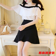 顏熏末春夏新款小清新網(wǎng)紅套裝裙女露肩吊帶魚(yú)尾半身裙兩套裝 黑色 【套裝】 M 建議70-85斤