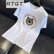 RTGT潮牌歐美風(fēng)夏季新款立體印花虎頭燙鉆潮流T恤男圓領(lǐng)修身短袖男 白色 XL
