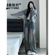鹿依檸休閑褲女裝套裝2024秋冬新款韓版時尚百搭氣質(zhì)慵懶風(fēng)顯瘦闊腿褲子 灰色開衫 XL