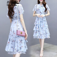 丹珠娜碎花雪紡連衣裙2024夏裝新款韓版女裝中長(cháng)款氣質(zhì)收腰顯瘦蛋糕裙子 水藍色 L