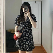 汐菡法式碎花連衣裙新款2024夏季女裙子夏天黑色顯瘦女神范氣質(zhì)款短裙 黑色碎花連衣裙