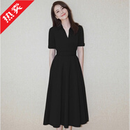 高圓圓明星同款v領(lǐng)長(zhǎng)裙修身伴娘參加婚禮服裙子女裝白色連衣裙女 黑色 L