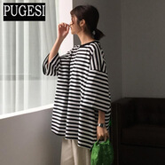 夏季韓版女裝條紋t恤女原宿風(fēng)學(xué)生寬松半袖七分袖衣服 013黑白條紋優(yōu)質(zhì)款 L