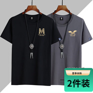 霧卡【2件裝】t恤男短袖圓領(lǐng)棉大碼寬松印花男t恤夏天半截打底t衫 套餐3:金M黑+金鷹鐵灰 XL (130-150斤內(nèi))