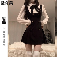圣保美學(xué)院風(fēng)假兩件背帶連衣裙春秋季女裝2024新款小個(gè)子吊帶a字短裙子 黑色假兩件連衣裙 2XL碼