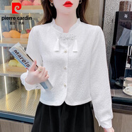皮爾卡丹（pierre cardin）新中式盤扣長袖女士襯衫秋季2025秋裝新款中國風復古氣質短款上衣 提花白色襯衫 M 【95-105斤】
