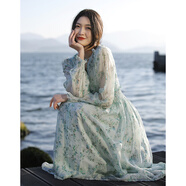 笑涵閣【雪柳花楹/清風(fēng)徐來(lái)】唯美浪漫桑蠶絲雪紡V領(lǐng)印花連衣裙 雪柳花楹. M