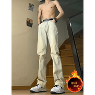 益帛微喇牛仔褲男士冬季加絨美式高街黃泥染做舊寬松休閑直筒長(cháng)褲子男 泥黃色加絨 L 【建議105-120斤】