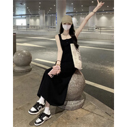 風(fēng)采兔 吊帶背心女大碼連衣裙高個子方領(lǐng)長裙2024夏新款修身顯瘦高級感 黑色 均碼