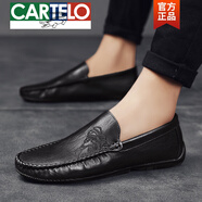 卡帝樂鱷魚（CARTELO）歐洲站男鞋2025新款夏季一腳蹬豆豆鞋男士皮鞋懶人精神小伙駕車鞋 D105黑色【偏小一碼，請加碼】 39