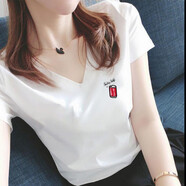 登森奧奧短袖t恤女顯瘦上衣2024夏季女裝新款休閑韓版V領印花棉體恤T恤女 白色可樂 XL 建議110-120斤
