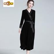 初徑金絲絨連衣裙女秋季新款高端收腰氣質(zhì)裙歐貨黑色長(cháng)裙 黑色 M [適合105-115]斤