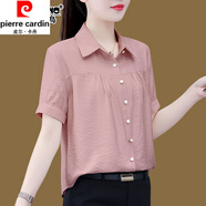 皮爾卡丹（pierre cardin）桑蠶絲短袖襯衫女夏季新款時(shí)尚寬松遮肚子顯瘦中年小衫真絲上衣 粉色 夏季短袖款 L 建議95-110斤