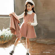 純貝兔（CHUNBEITU）童裝女童套裝連衣裙秋冬季兒童背心裙拜年服小女孩毛呢外套三件套 深粉色 披肩+裙子+帽子+白打底衫 90 建議身高85cm左右