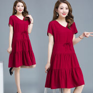 索宛亦（SUOWANYI）棉綢連衣裙短袖大媽女裝純色新款棉麻沙灘中長(cháng)款A字裙子V領(lǐng) 酒紅 4XL (145-160斤左右)