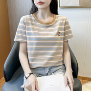 紅粉宣言（HOFESOWEN）T恤女短袖2024新款夏裝百搭寬松條紋圓領半袖體恤 咖啡色 XL
