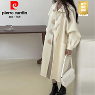 皮爾卡丹（PIERRE CARDIN）中長(zhǎng)款牛角扣雙面絨毛呢外套女上檔次小個(gè)子泡泡袖娃娃領(lǐng)呢子大衣 嘉興雙面呢大衣黑色米白色 S 濮院雙面絨大衣  建議105-115斤