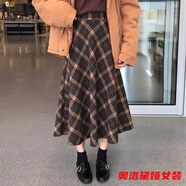奧洛黛婭毛呢格子半身裙女秋冬新款寬松復(fù)古英倫風(fēng)中長(zhǎng)款高臀a字長(zhǎng)裙 毛呢半身裙 4002# XL 125-140斤