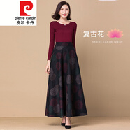 皮爾卡丹冬季毛呢格子半身裙長(zhǎng)裙女秋冬加厚a字裙氣質(zhì)加厚大擺裙針織 酒紅色 復(fù)古花5 S