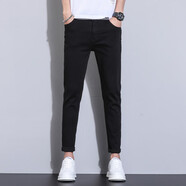 LEEHOYEE九分牛仔褲男修身小腳褲高彈力春夏季薄款破洞顯瘦褲子男潮流長(cháng)褲 418#黑色九分褲 30碼