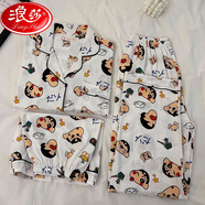 浪莎（LangSha）奶fufu純棉紗布睡衣女春夏季短袖長(zhǎng)褲短褲三件套裝可愛(ài)卡通家居服 平紋-白色蠟筆小新短.袖+短褲+長(zhǎng) L 女款100-120斤穿】