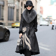 YXHK皮草女品牌女裝皮毛一體女外套中長(cháng)款海寧真皮皮草大衣狐貍毛領(lǐng) 黑色 XL/170