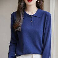 東方鴨100%純棉線(xiàn)POLO領(lǐng)針織衫女氣質(zhì)長(cháng)袖打底毛衣舒適全棉翻領(lǐng)外穿上衣 藏藍 M 95-110斤