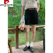 皮爾卡丹（pierre cardin）【歌銘】韓國同款休閑西裝短褲女春季新款高腰闊腿五分褲 黑色(配皮帶) S碼.