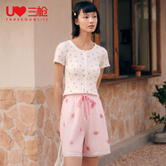 三槍家居褲女夏季純棉印花寬松中腰蕾絲邊寬松大碼全棉睡褲 粉草莓 L