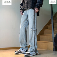 吳權(quán)灣肥佬230斤歐美高街vibe褲子美式復(fù)古綁帶拉鏈牛仔褲褲腳開叉修身 藍色 5XL