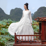生活在左嬰兒棉系列連衣裙多色寬松顯瘦舒適夏秋新款長(cháng)裙女 米白色 XL