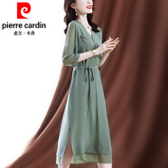 皮爾卡丹（pierre cardin）2025年新款夏裝夏季女士連衣裙子仿真絲桑蠶絲醋酸面料中長裙子針 綠色-L