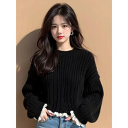 燕潯重工黑色花邊袖粗線(xiàn)毛衣女2025新款慵懶感小個(gè)子針織上衣 圖片色 均碼