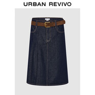 UR2024秋冬新款女裝復古設計感壓褶腰帶飾牛仔半裙UYU840022