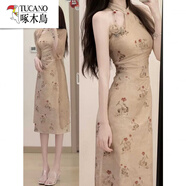 啄木鳥(niǎo)新款新中式女裝古風(fēng)改良旗袍年輕款少女高端氣質(zhì)掛脖連衣裙子夏 6612兩 XL