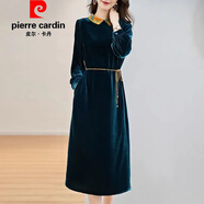 皮爾卡丹（pierre cardin）官方高端香云紗小翻領真絲絲絨連衣裙女秋冬修身顯瘦媽媽金絲絨桑 品牌旗艦高端藍色 M