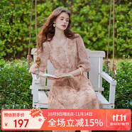 白鹿語夏季V領(lǐng)亮片氣質(zhì)連衣裙時尚修身七分袖長款紗裙 粉色  M 