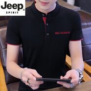 JEEP SPIRIT吉普棉男士短袖t恤夏季新款韓版立領(lǐng)polo.衫潮流休閑青年印花上衣 E7005黑色 L