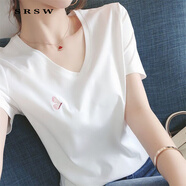SRSW 短袖T恤女精梳絲光棉夏季新款v領(lǐng)通勤百搭寬松純色刺繡上衣半袖T 白色 蝴蝶刺繡 L 建議110-125斤