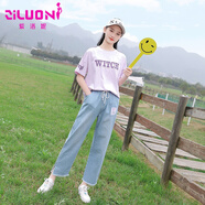 紫洛妮初中學(xué)生純棉短袖t恤女夏裝2025新款寬松少女孩15高中生休閑套裝 【套裝】淺粉紫+淺牛仔210869 L