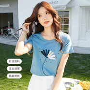 艾路絲婷花卉刺繡短袖T恤女2022春裝新款休閑大方T恤減齡甜美上衣31501 湖藍色 XL
