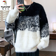 啄木鳥(niǎo)（TUCANO）仿水貂絨毛衣男秋冬款圓領(lǐng)毛線衣服保暖冬裝拼色青少年針織打底衫 10230-9329黑色 2XL 約135~155斤可穿