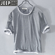 吉普（JEEP）【高檔輕奢】日系復(fù)古棉麻料短袖恤夏季亞麻布上衣服青年領(lǐng)體恤衫 RC121灰色 M 120斤以內(nèi)