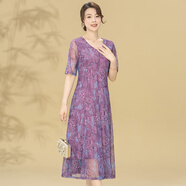 Missdaling高貴夫人氣質(zhì)短袖彈力網(wǎng)紗中年連衣裙女長款大碼夏季新款臺灣紗裙 淺紫色 XL
