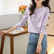 熙世界長(zhǎng)袖T恤女2025春季新款民族風(fēng)復(fù)古刺繡百搭寬松圓領(lǐng)體恤衫 紫芒色 XL