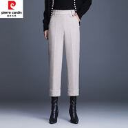 皮爾卡丹（pierre cardin）羊毛呢八分靴褲女秋冬2024新款洋氣卷邊直筒煙管褲顯瘦九分休閑褲 杏色 27/M 體重90~100斤