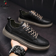 西域駱駝（VANCAMEL）品牌工作男鞋春季2024新款商務(wù)黑色休閑皮鞋男士防水板鞋運動潮鞋 黑棕【潮流款.】 40